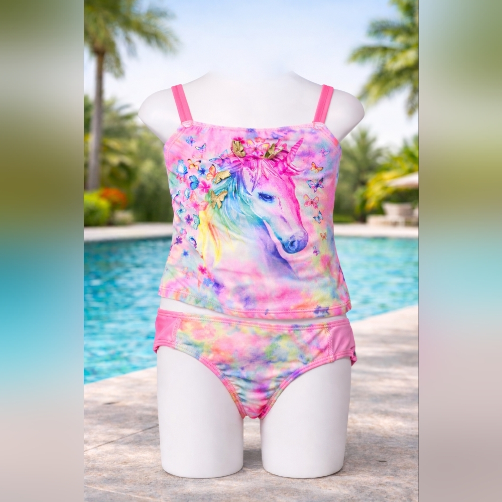 Magical Unicorn Rainbow Tankini Set Girls Size L 10/12 Pink Tie-Dye Swimwear